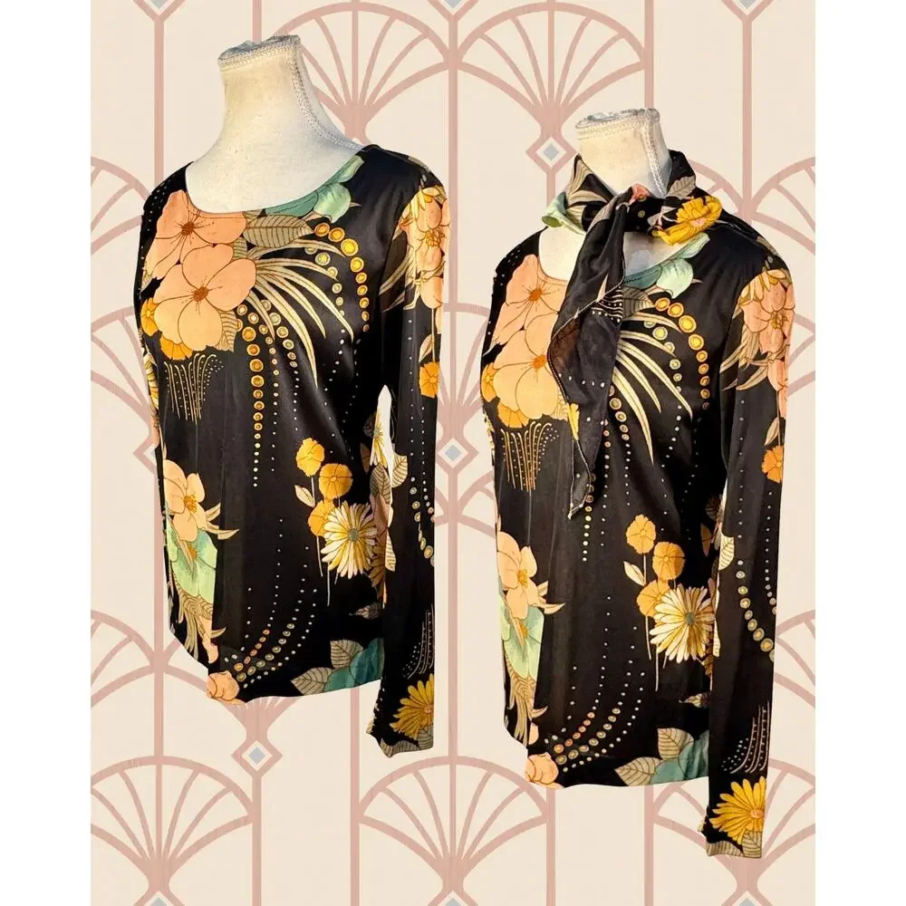 Vintage 70s Gina Di Roma Art Deco Floral Long Sleeve Scarf and Shirt Set  Size M